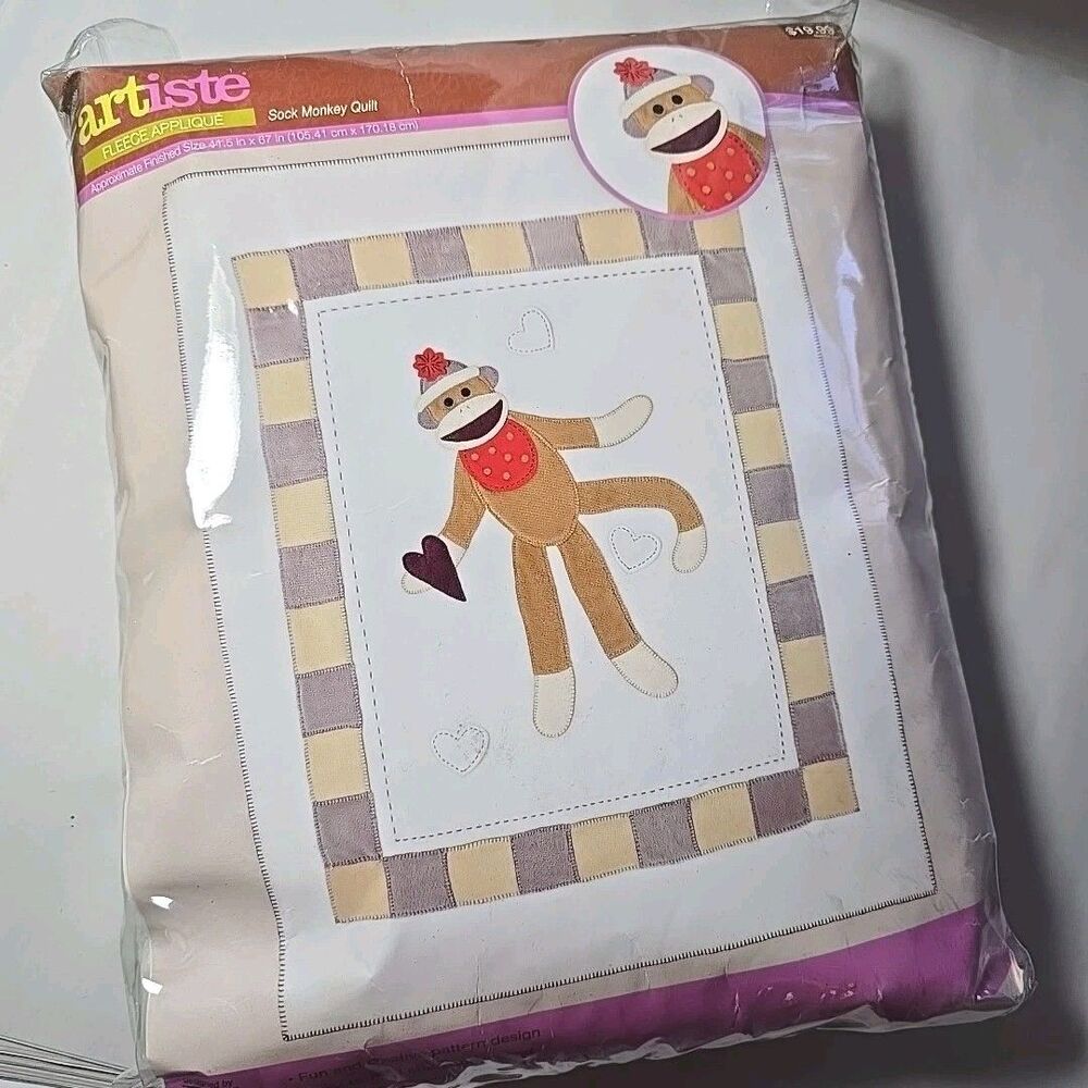 Vintage Artiste Fleece Applique Sock Monkey Quilt Kit 41.5x67"